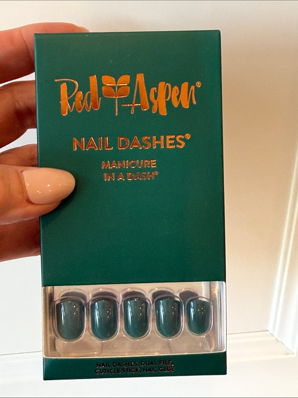Red Aspen Nail Dashes Press-On Nails in color Evie’s Emerald Envy